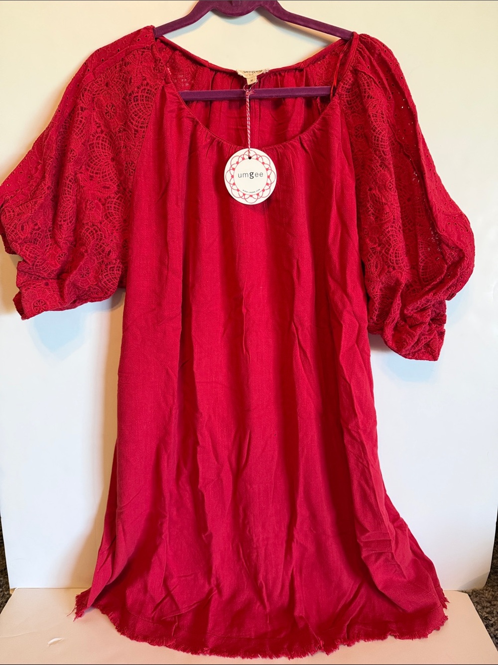 Umgee Crimson Red Lace Puff Sleeve Dress